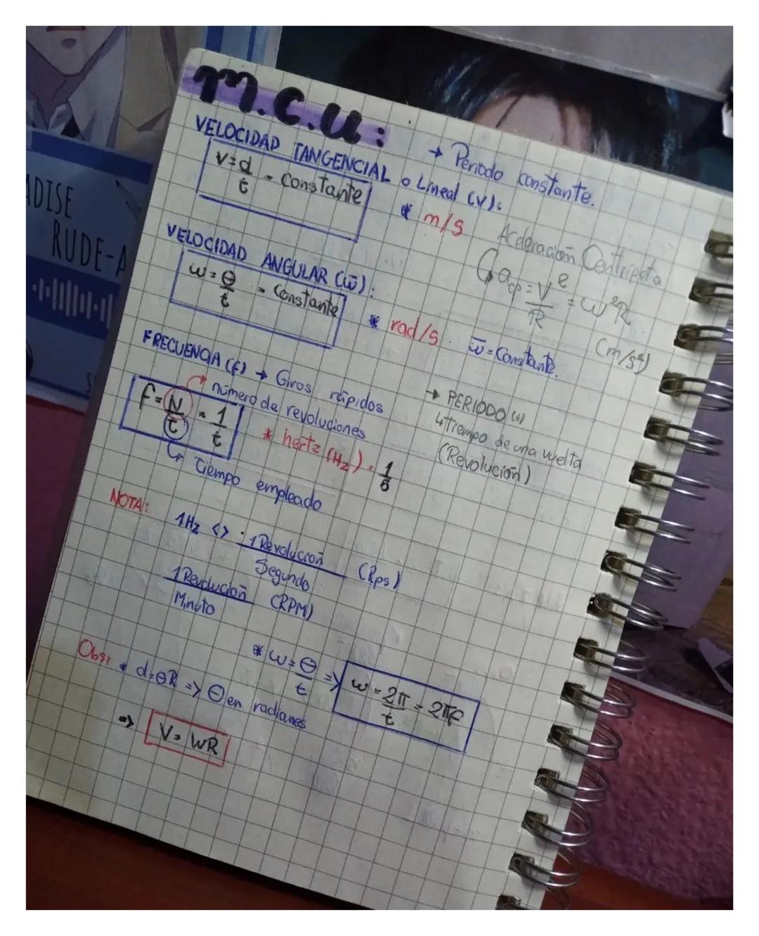 m.c.u:

VELOCIDAD TANGENCIAL • Lineal (V):
→Periodo constante.

v=d-constante m/s Acderación Contripeto
t
e
+
TR
ADISE

VELOCIDAD ANGULAR (W
