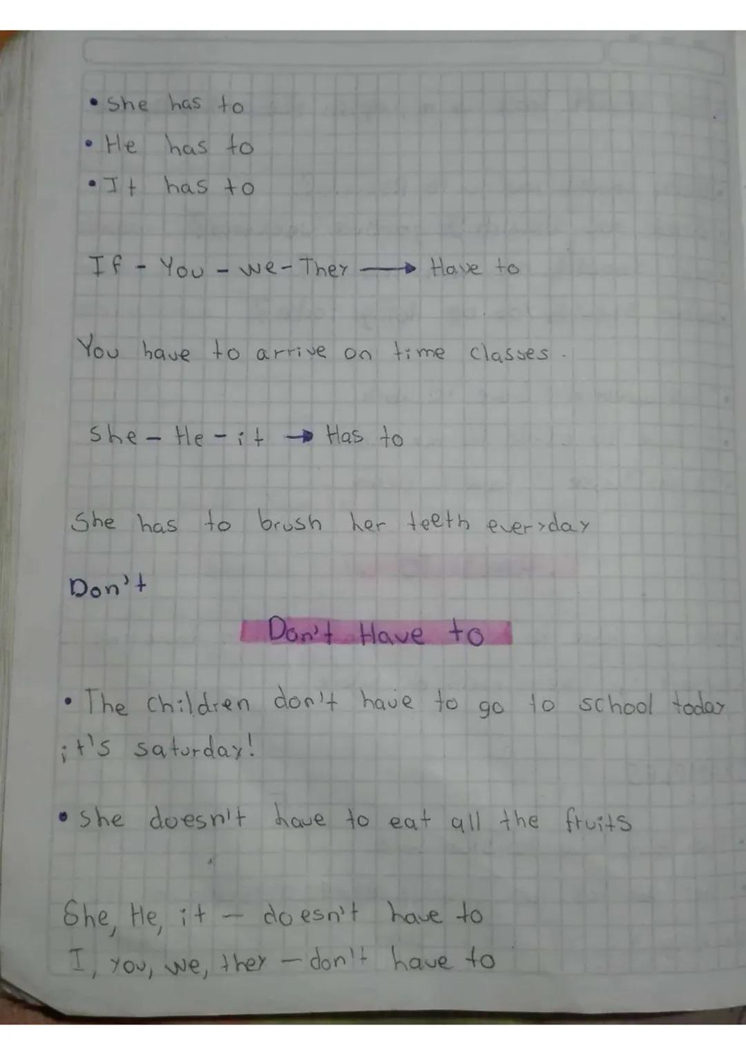 HAVE TO
ge
• We use have to express obligation when tameting is
necesary in the present or future.

EXAMPLES

• They boys have to study hard