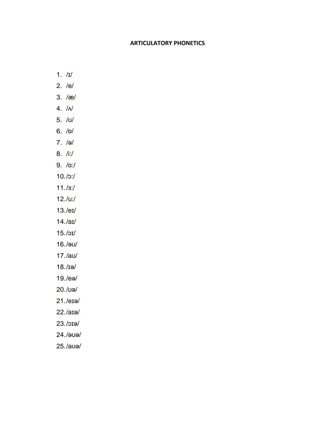 1. /I/
2. /e/
3. /æ/
4. IN
5. /u/
6. /p/
7. /ǝ/
8. /i:/
9. /a:/
10./ɔ:/
11./3:/
12./u:/
13./ei/
14./ai/
15./01/
16./ǝʊ/
17./au/
18./Iǝ/
19./