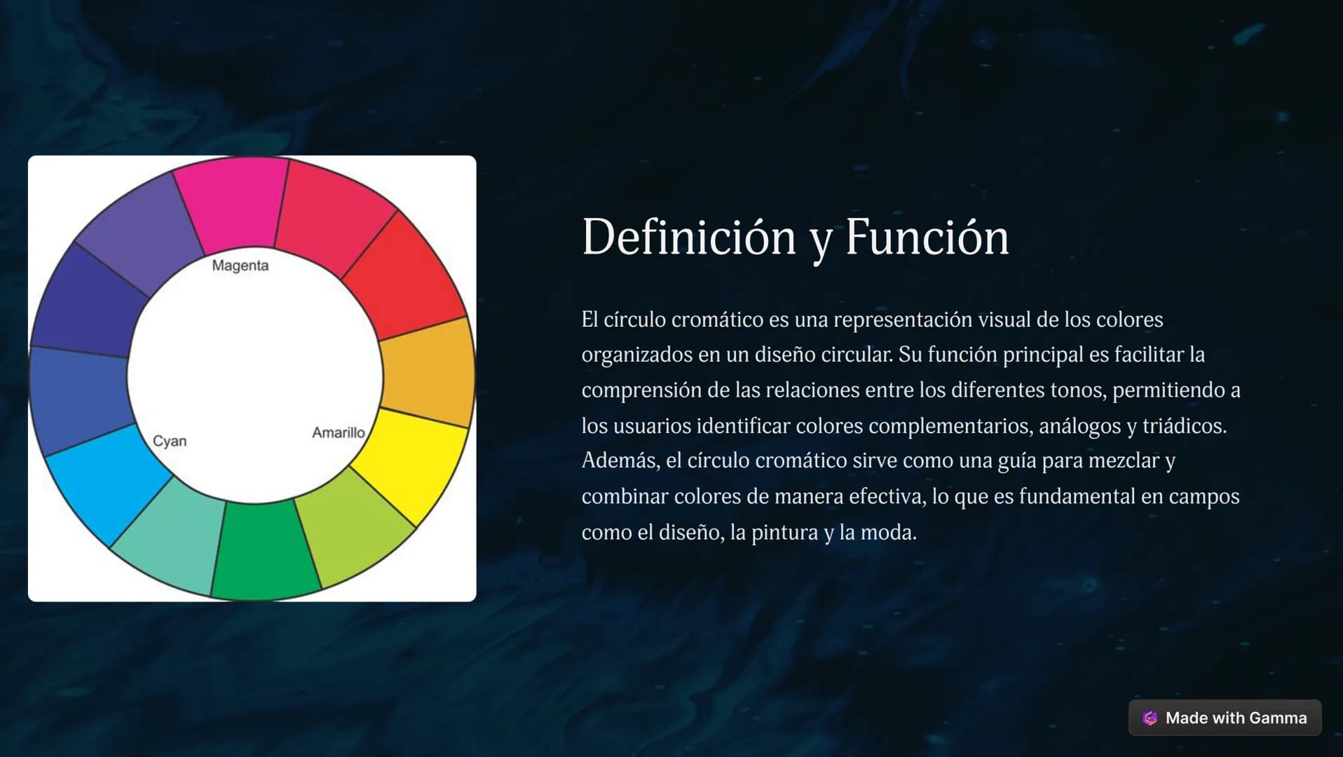 El Círculo Cromático
El círculo cromático es una herramienta visual esencial para comprender y aplicar la teoría del color. Este recurso
grá