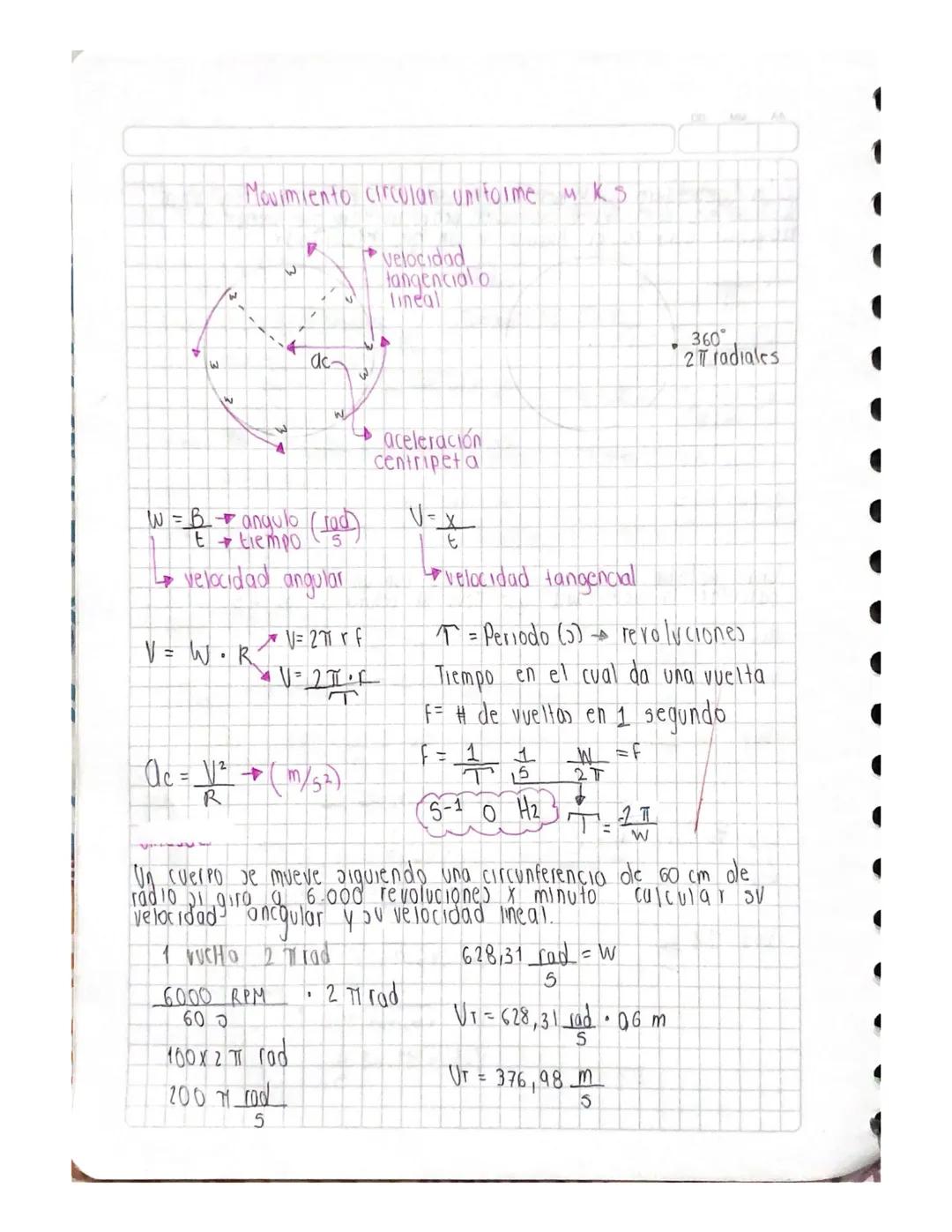 W
W
Movimiento circular uniforme MKS
w
F
velocidad
tangencial o
Lineal
.
ac
الي
360°
27 radiales
W
❤ aceleración
centripeta
W = Bangulo (rad