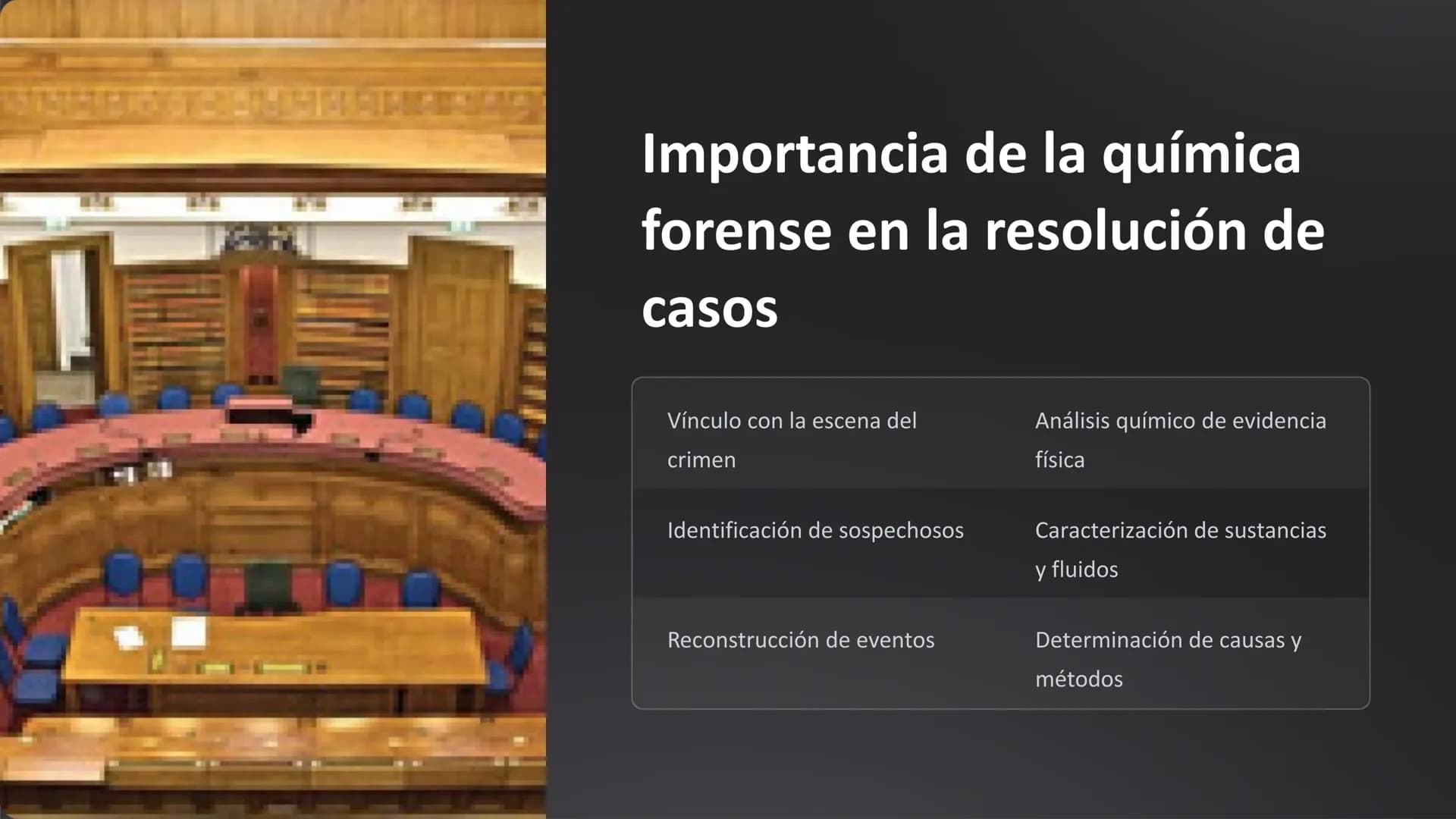 Química forense:
Pruebas químicas en
investigaciones criminales
La química forense desempeña un papel crucial en la
resolución de crímenes, 