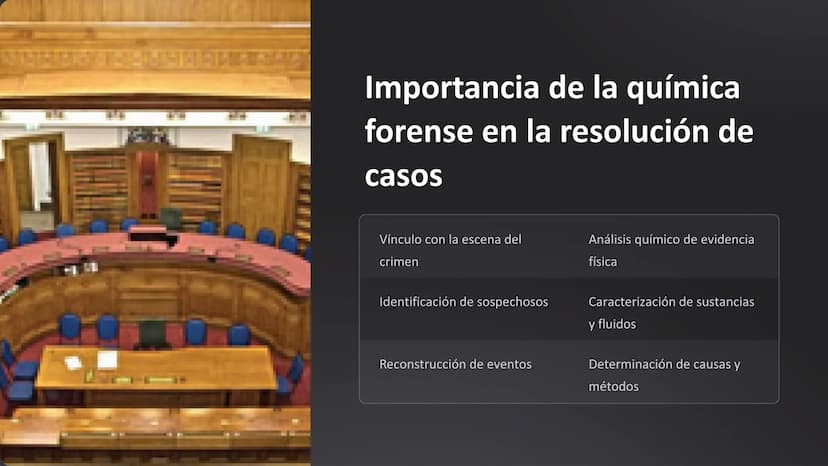 Química forense:
Pruebas químicas en
investigaciones criminales
La química forense desempeña un papel crucial en la
resolución de crímenes, 
