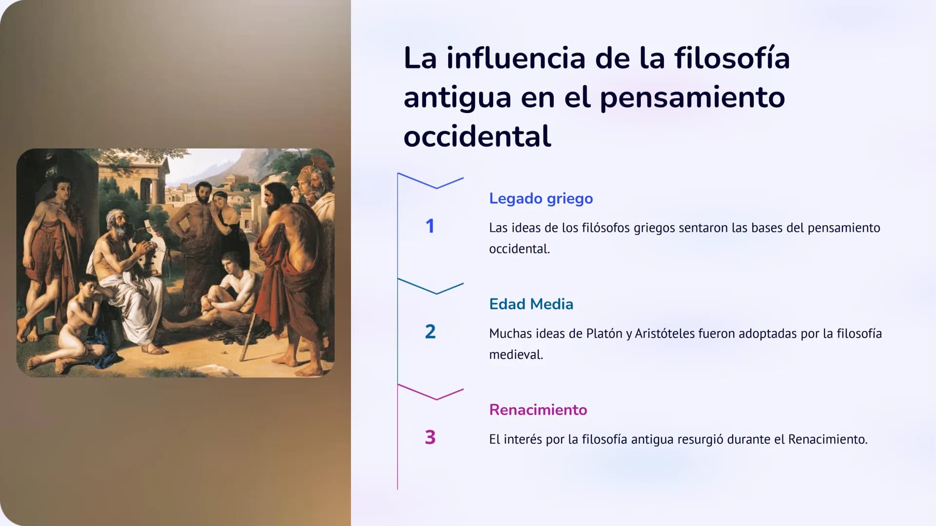 la filosofía antigua
La filosofía antigua se originó en la Antigua Grecia y se enfocó en
temas como el conocimiento, la existencia y la mora