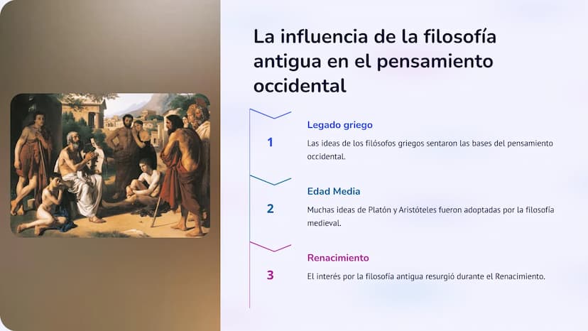 la filosofía antigua
La filosofía antigua se originó en la Antigua Grecia y se enfocó en
temas como el conocimiento, la existencia y la mora
