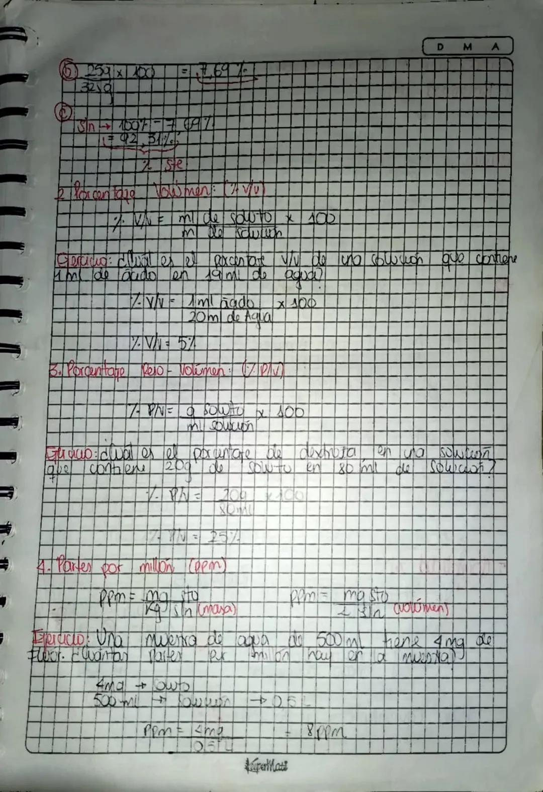 # UNIDADER FITSICAL DE CONCENTRACION:

1. Porcentaje en mara: (1% ρ/ ρ)

% p/p = maso de Coluto. (g) x 100

malal de sou won ig

Giercicio W