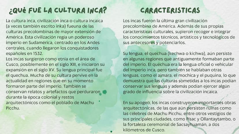 CULTURA INCA ¿QUE FUE LA CULTURA INCA?
La cultura inca, civilización inca o cultura incaica
(a veces también escrito inka) fueuna de las
cul