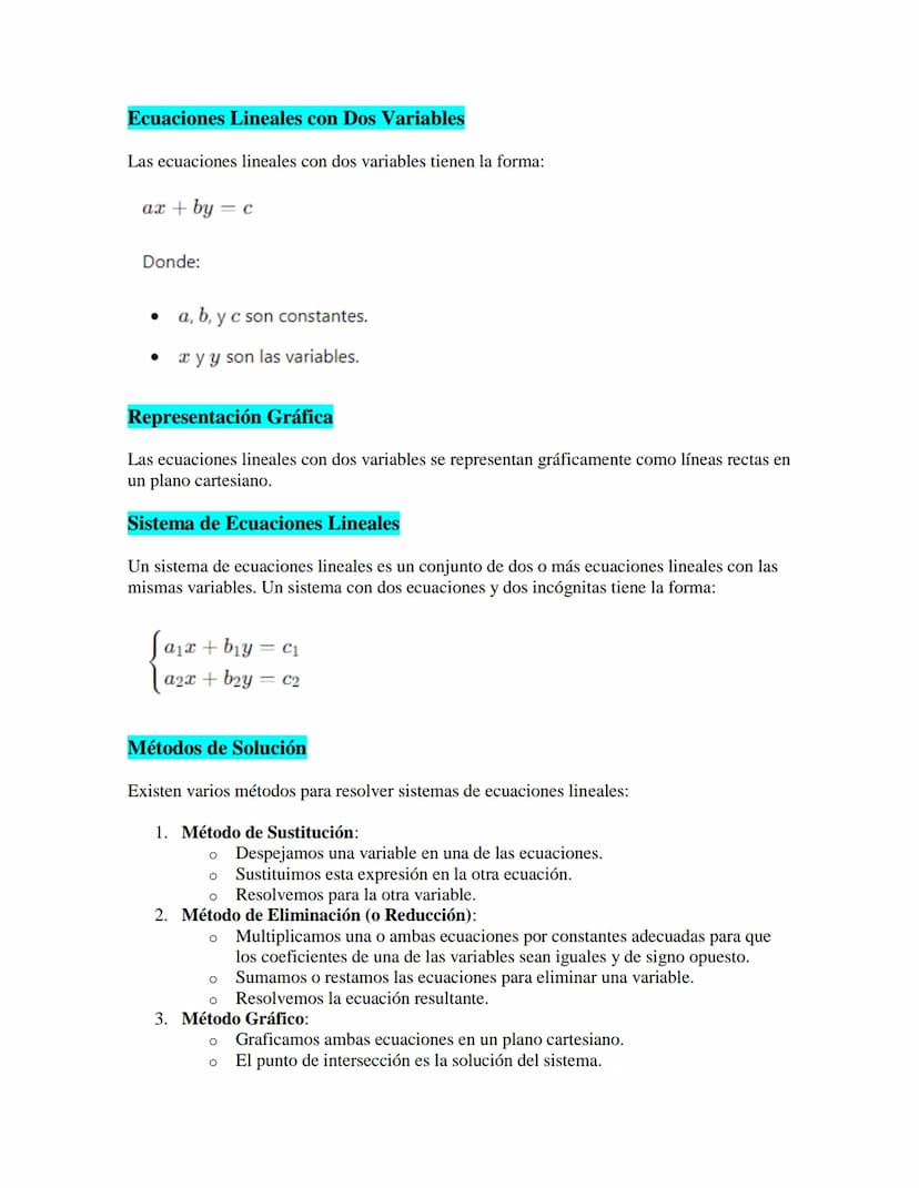 Ecuaciones Lineales
Las ecuaciones lineales son ecuaciones algebraicas de primer grado, lo que significa que las
variables en la ecuación no