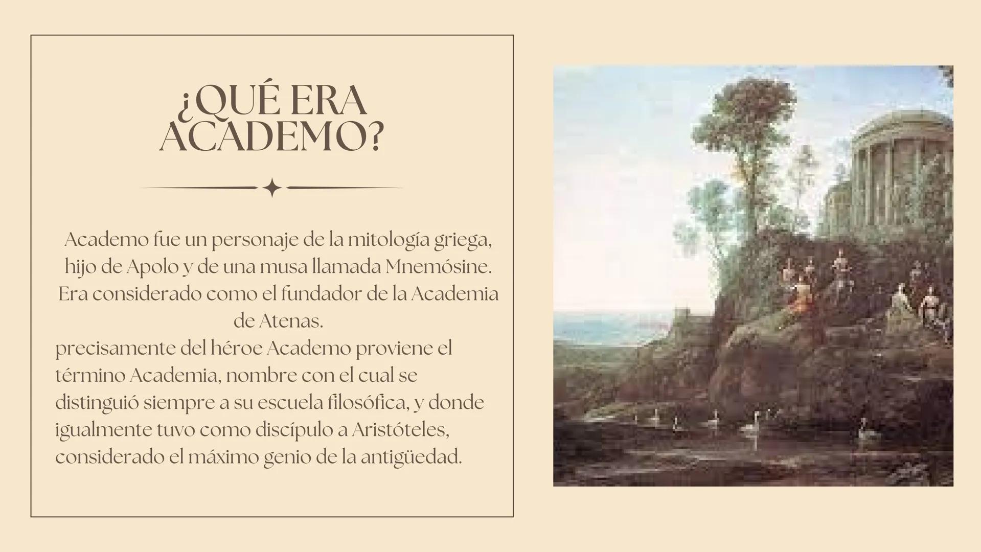 LA
ACADEMIA
DE PLATON ÍNDICE
1. ¿QUÉ ERA ACADEMO?.
2. LO QUE SE REFIERE A LA
HISTORIA DE LA ACADEMIA EN
GRECIA.
3. TEMAS QUE SE DABAN.
4. RE