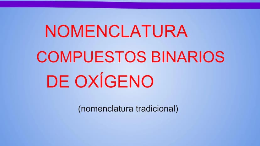NOMENCLATURA
COMPUESTOS BINARIOS
DE OXIGENO
(nomenclatura tradicional) METAL + OXIGENO = ÓXIDO
Con número de oxidación: ÓXIDO.
...(nombre de