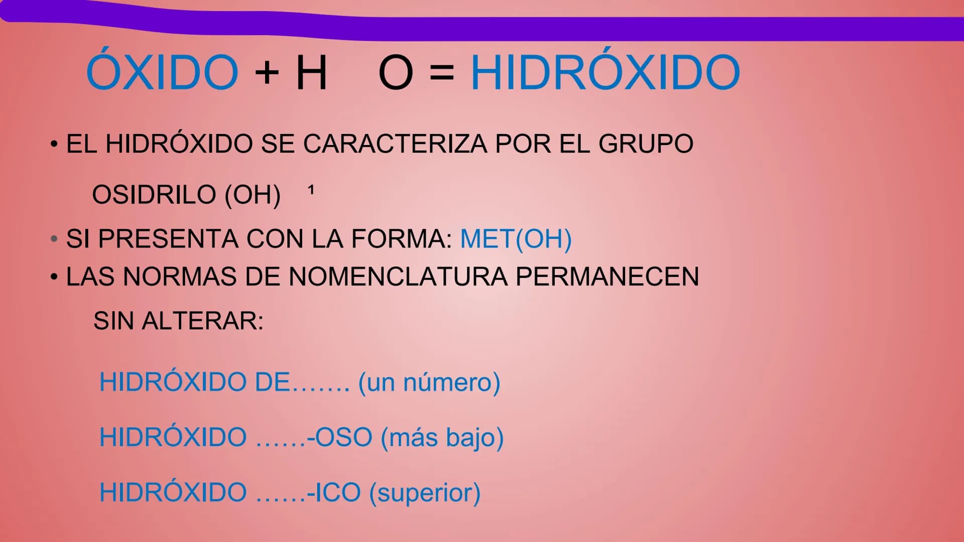 NOMENCLATURA
COMPUESTOS BINARIOS
DE OXIGENO
(nomenclatura tradicional) METAL + OXIGENO = ÓXIDO
Con número de oxidación: ÓXIDO.
...(nombre de