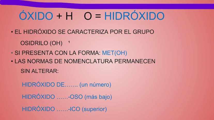 NOMENCLATURA
COMPUESTOS BINARIOS
DE OXIGENO
(nomenclatura tradicional) METAL + OXIGENO = ÓXIDO
Con número de oxidación: ÓXIDO.
...(nombre de
