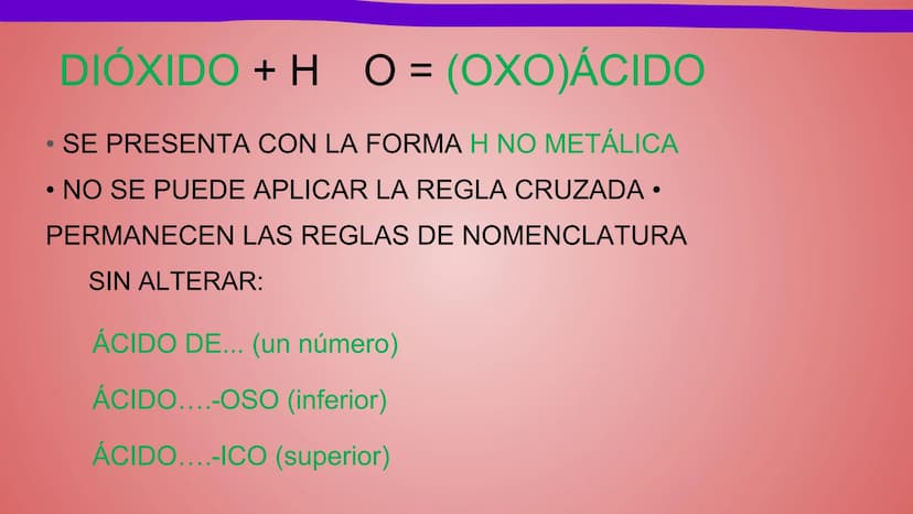 NOMENCLATURA
COMPUESTOS BINARIOS
DE OXIGENO
(nomenclatura tradicional) METAL + OXIGENO = ÓXIDO
Con número de oxidación: ÓXIDO.
...(nombre de