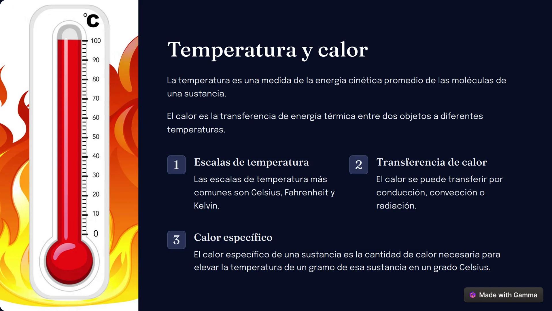 C
100
90
80
70
60
50
Temperatura y calor
La temperatura es una medida de la energía cinética promedio de las moléculas de
una sustancia.
El 