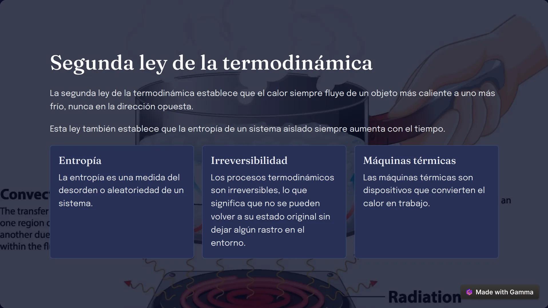 C
100
90
80
70
60
50
Temperatura y calor
La temperatura es una medida de la energía cinética promedio de las moléculas de
una sustancia.
El 
