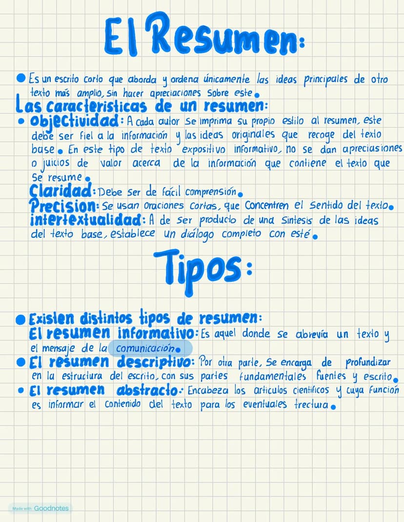 El Resumen:
Es un escrito corto que aborda y ordena únicamente las ideas principales de otro
texto más amplio, Sin hacer apreciaciones Sobre