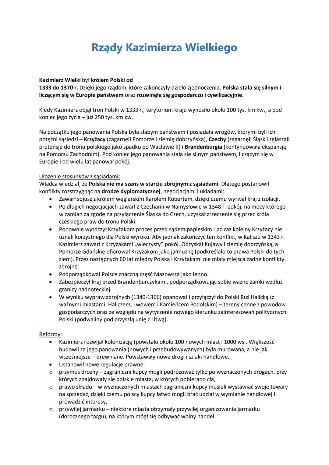 # Rządy Kazimierza Wielkiego

Kazimierz Wielki był królem Polski od
1333 do 1370 r. Dzięki jego rządom, które zakończyły dzieło zjednoczenia