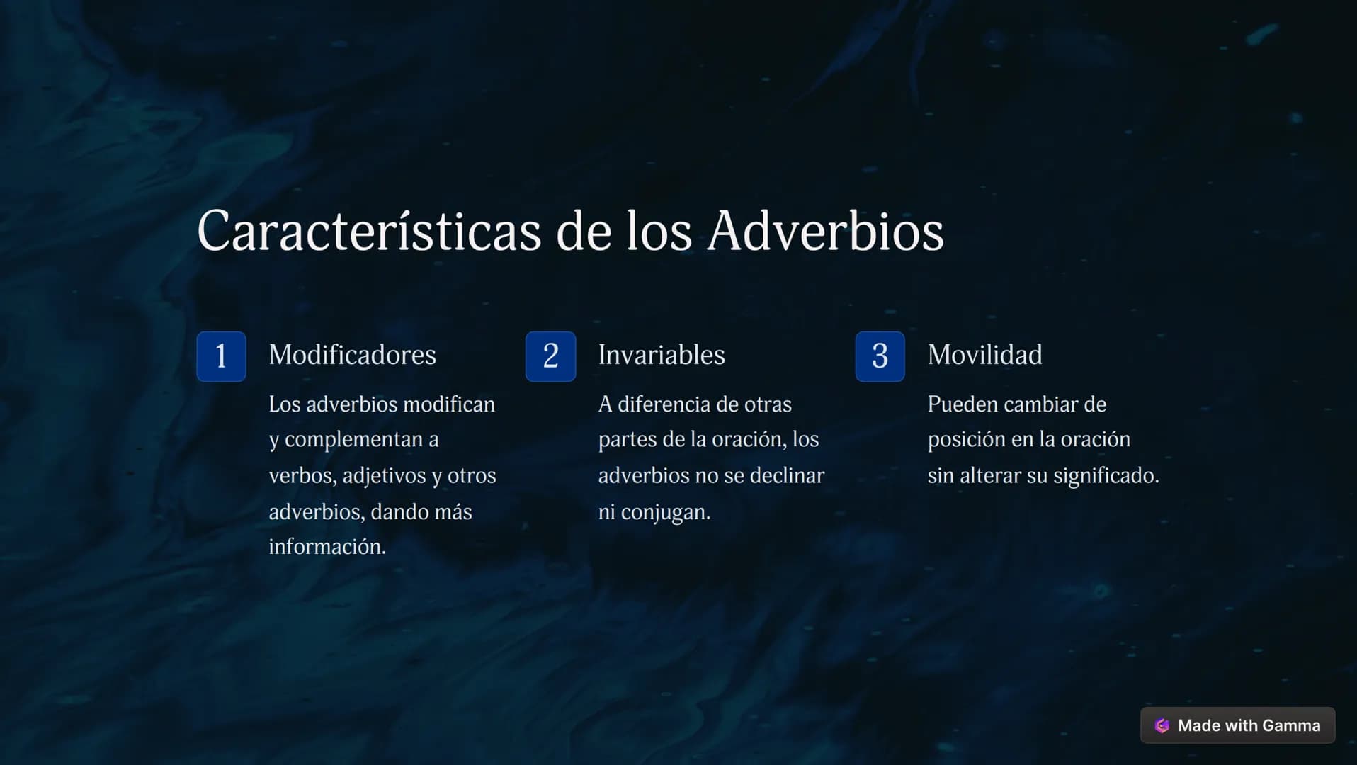 00
Adverbios: La Clave
de la Expresión
Precisa
Los adverbios son palabras indispensables que nos permiten describir
con mayor detalle accion