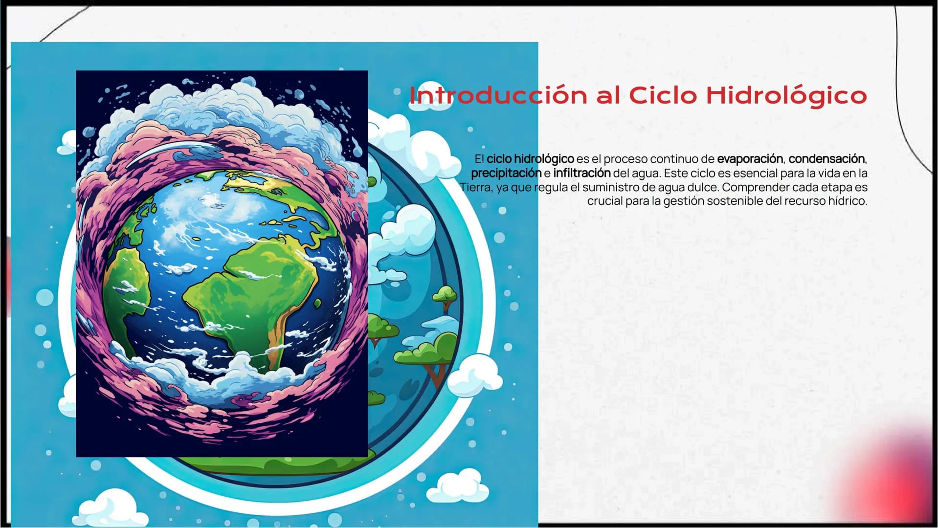 Proceso detallado del
Ciclo Del Agua:
Evaporación,
Condensación,
Precipitación e Infiltración Introducción al Ciclo Hidrológico
El ciclo hid