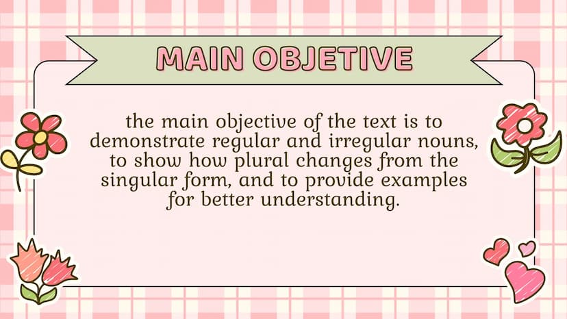 Nouns
Julieth Ximena Doncel Torres 11-1 MAIN OBJETIVE
the main objective of the text is to
demonstrate regular and irregular nouns,
to show 