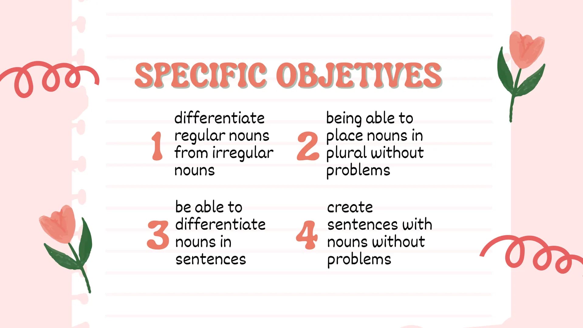 Nouns
Julieth Ximena Doncel Torres 11-1 MAIN OBJETIVE
the main objective of the text is to
demonstrate regular and irregular nouns,
to show 
