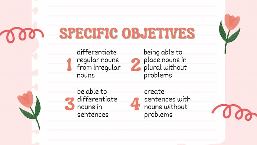 Nouns
Julieth Ximena Doncel Torres 11-1 MAIN OBJETIVE
the main objective of the text is to
demonstrate regular and irregular nouns,
to show 