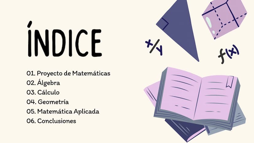 f(x)
Centro
Ensigna
PROYECTO DE
6 MATEMÁTICAS S
+/
Valentina
√x ÍNDICE
01. Proyecto de Matemáticas
02. Álgebra
03. Cálculo
04. Geometría
05.