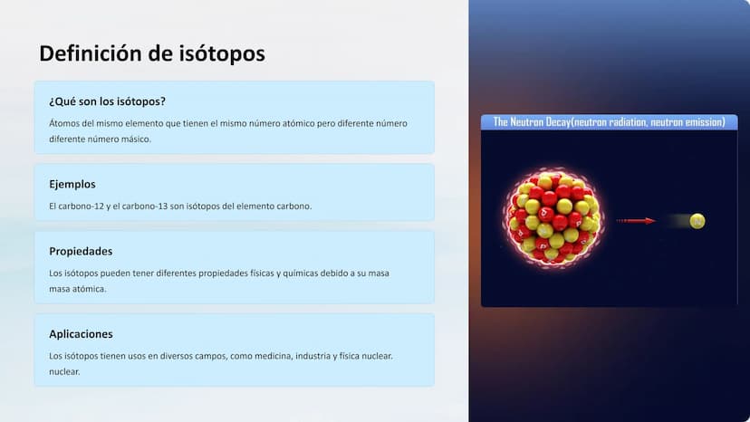 Estructura atómica: Partículas
subatómicas, número atómico y
másico, isotopos
Explore la composición fundamental de la materia, desde las pa