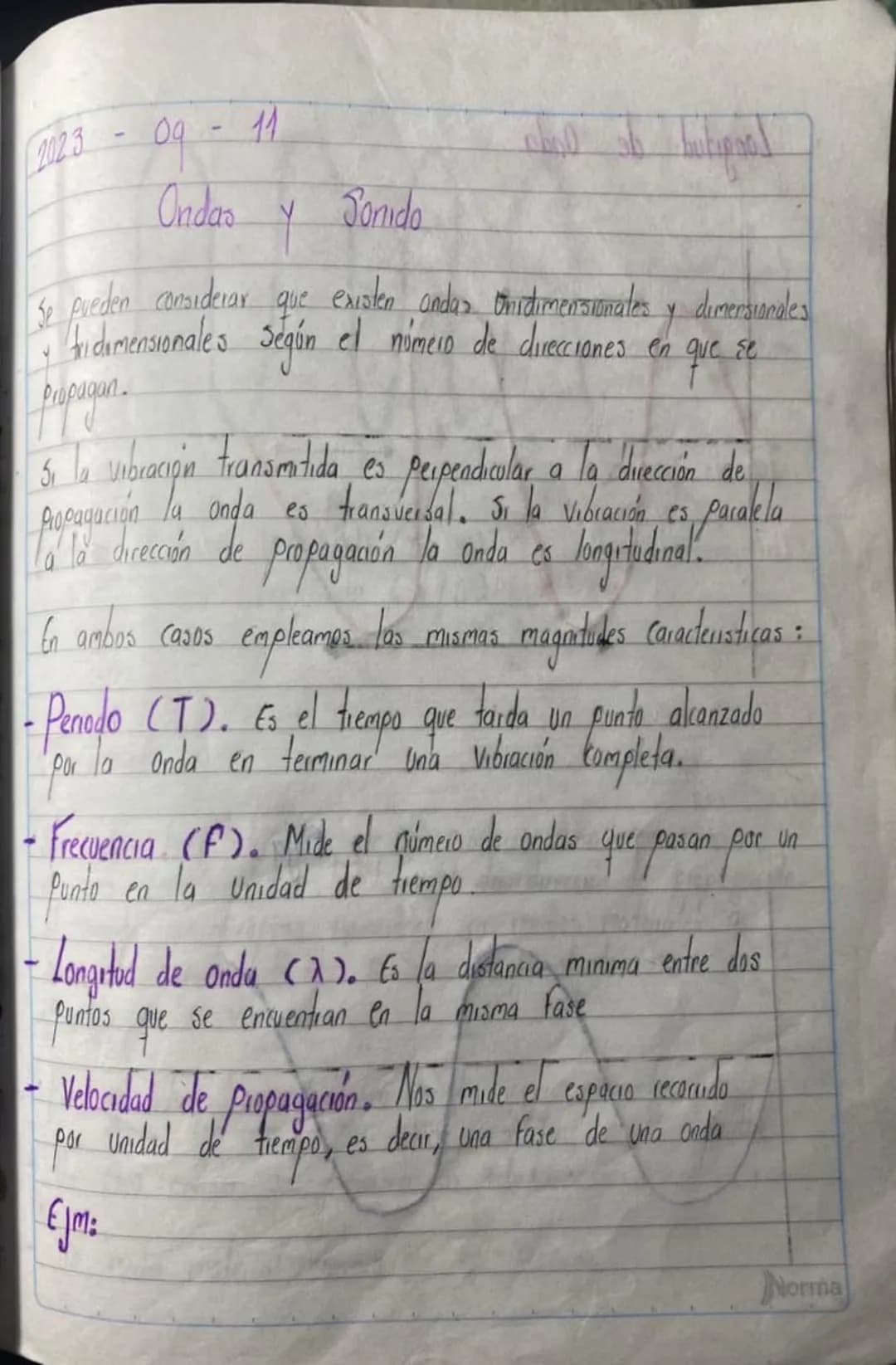 2023
09 -
11
Ondas
Y
Jonida
Se pueden considerar
que
existen andas unidimensionales y dimensionales
tridimensionales Según el número de dire