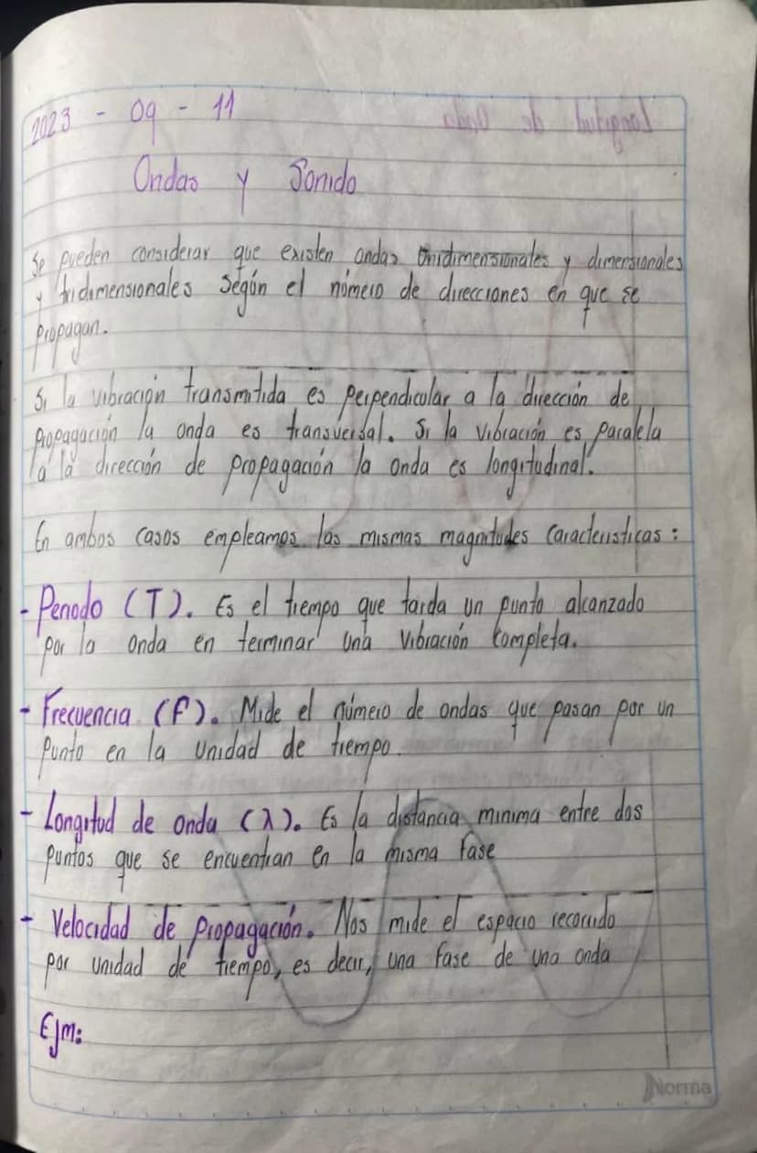 2023
09 -
11
Ondas
Y
Jonida
Se pueden considerar
que
existen andas unidimensionales y dimensionales
tridimensionales Según el número de dire