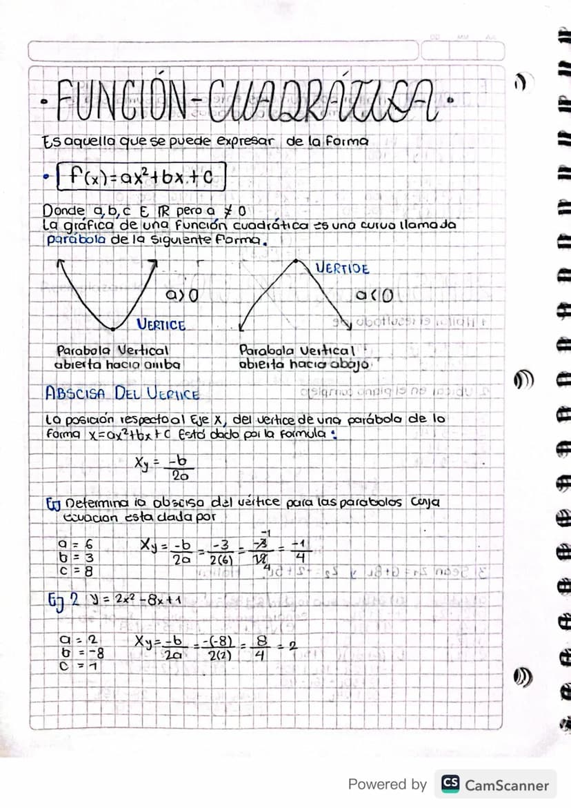 FUNCION-CUADRATICA.
Es aquella que se puede expresar de la Forma
[f(x) = ax² + bx + c
Donde a, b, c E TR pero a % 0
La gráfica de una funció