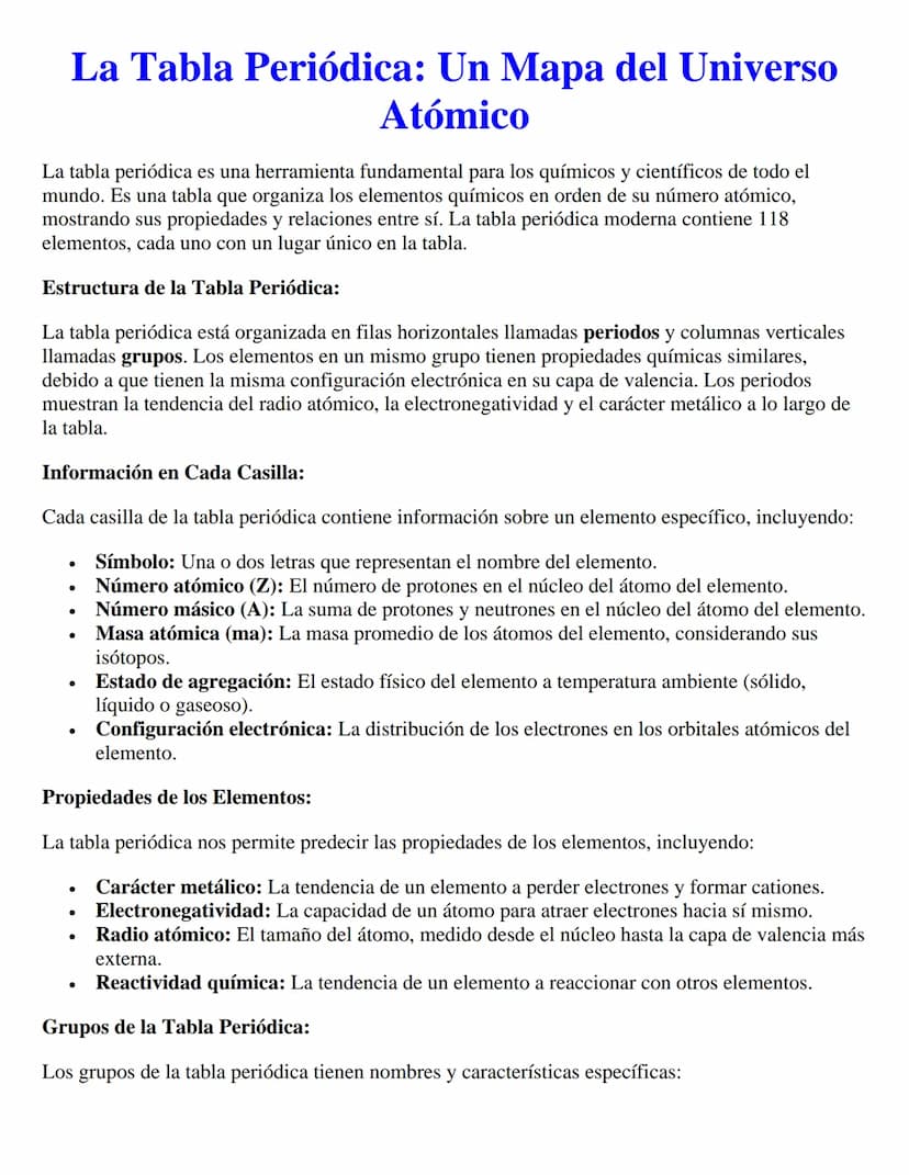La Tabla Periódica: Un Mapa del Universo
Atómico
La tabla periódica es una herramienta fundamental para los químicos y científicos de todo e