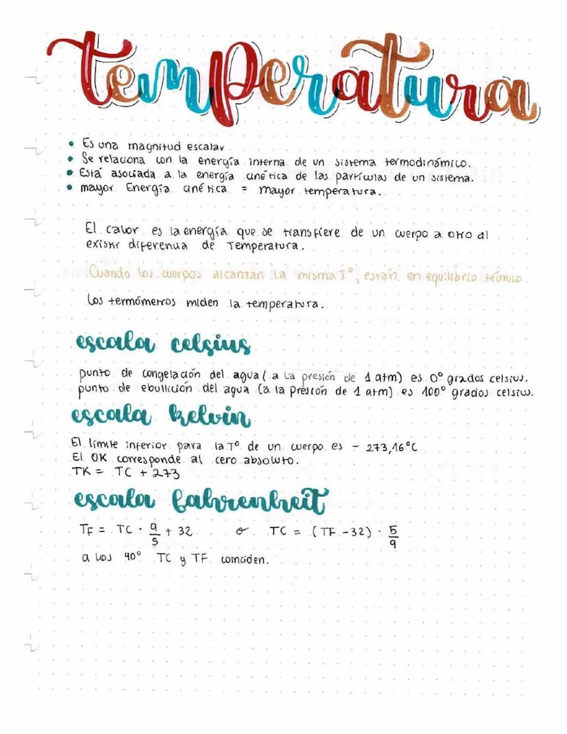 temperatura
Es una magnitud escalav
Se relaciona con la energía interna de un Sistema termodinámico.
Esta asociada a la energía cinética de 