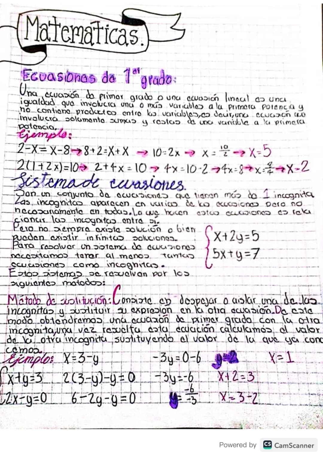 Matematicas
Ecuasiones de 1grado:
Una ecuasión de primor grado o una acuasión lineal as unci
igualdad que involucra una o más variables a la