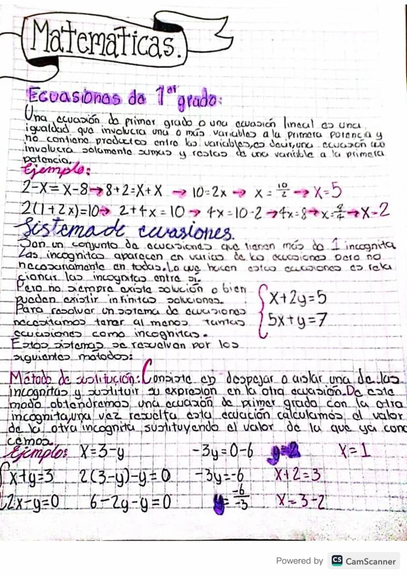 Matematicas
Ecuasiones de 1grado:
Una ecuasión de primor grado o una acuasión lineal as unci
igualdad que involucra una o más variables a la
