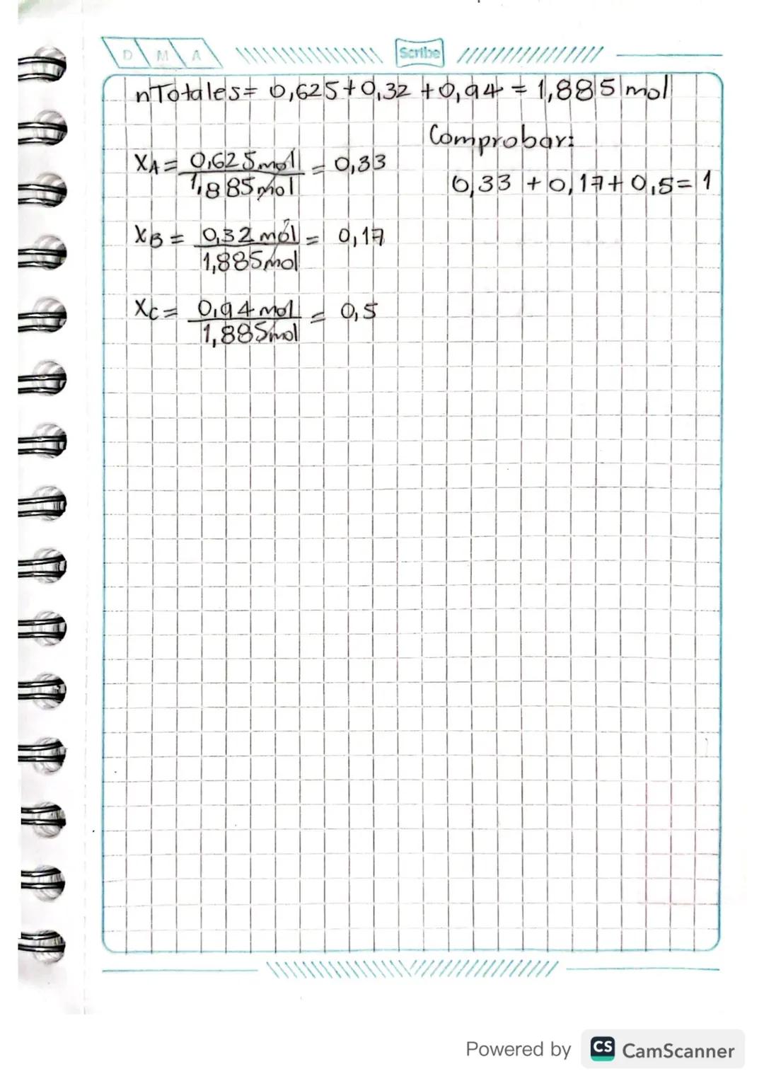 Scribe
Fracción Molar
111 27/10/22
Sustancia A
Sustancia B
Sustancia C
Masa Molecular M
MA
nA = MA
n Totales=nA+ n Bt n C.
M
MB
nB-nc
ng=m
M