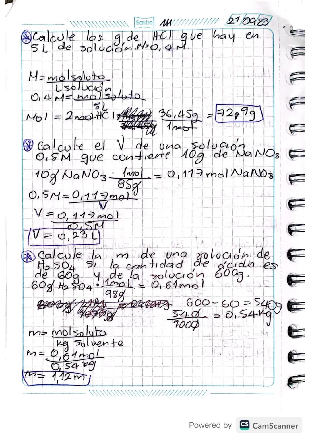 1909 23
Scribe
Unidades!
químicas de
concentración
Molaridad (M):

M=mol soluto
Lsolución

Molalidad (m):

m=mol soluto
kg solvente

Fracció