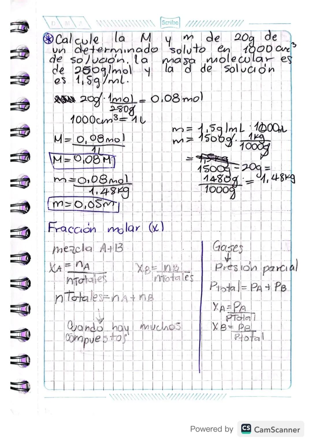 1909 23
Scribe
Unidades!
químicas de
concentración
Molaridad (M):

M=mol soluto
Lsolución

Molalidad (m):

m=mol soluto
kg solvente

Fracció