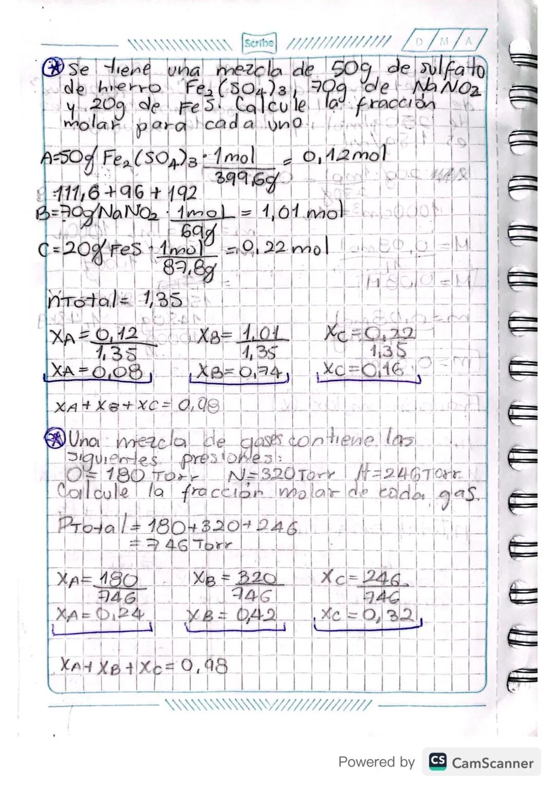 1909 23
Scribe
Unidades!
químicas de
concentración
Molaridad (M):

M=mol soluto
Lsolución

Molalidad (m):

m=mol soluto
kg solvente

Fracció