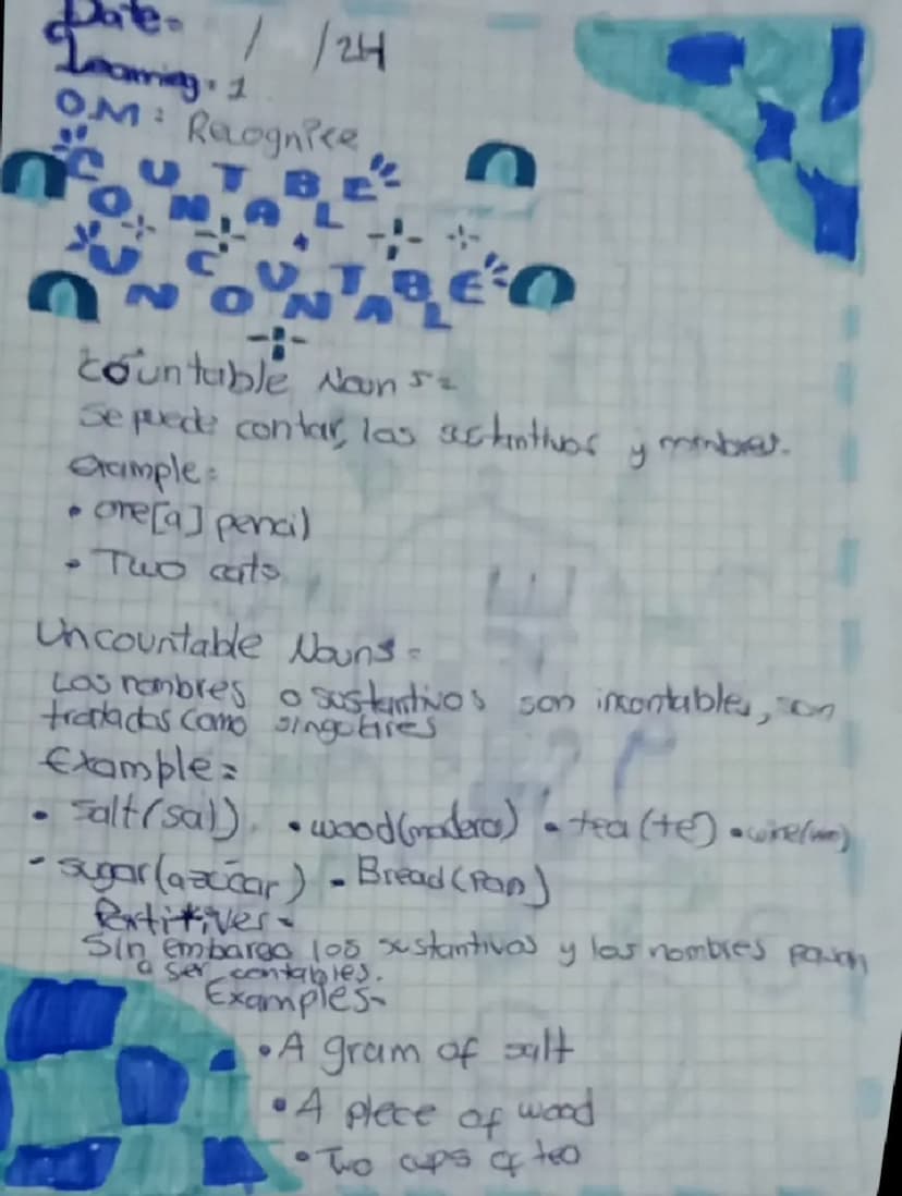 Ո
20 //24
OM: Recognice
BL
C
countable Noun 5%
Se puede contar, las sustantivos y member.
Gample=
e
one [a] pencil
•Two cats
Uncountable Nou