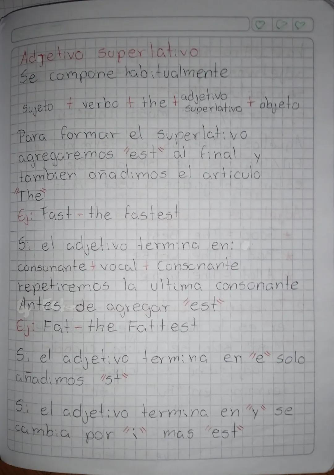 ♡♡♡
# Adjetivo superlativo
Se compone habitualmente
sujeto + verbo + the adjetiva,
Superlativo + objeto
Y
Para formar el superlativo
agregar