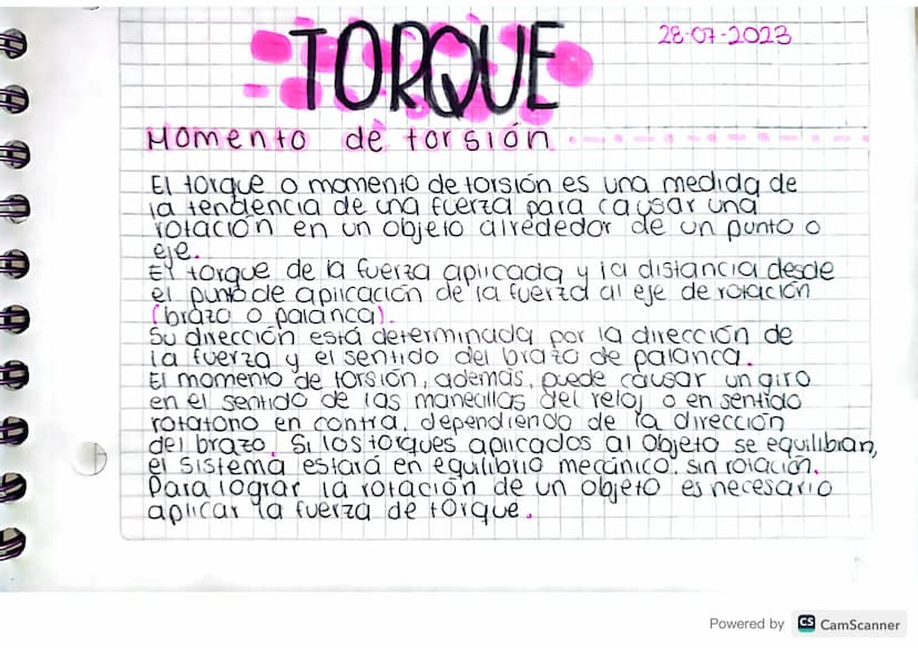 •TORQUE
Momento de forsión
28-07-2023
El torque o momento de forsión es una medida de
la tendencia de una fuerza para ca usar una
rotación e