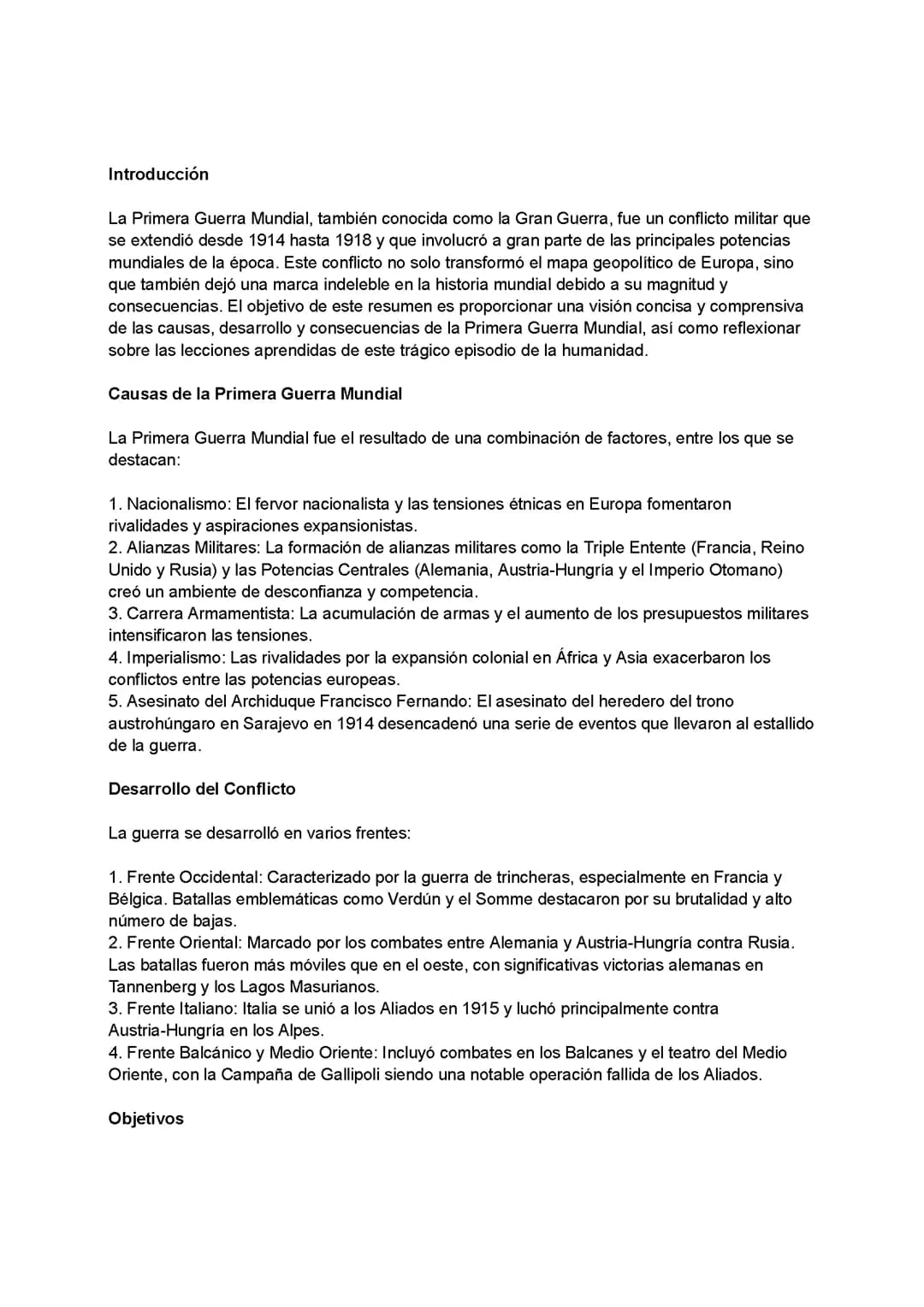 Informe de la primera guerra mundial 