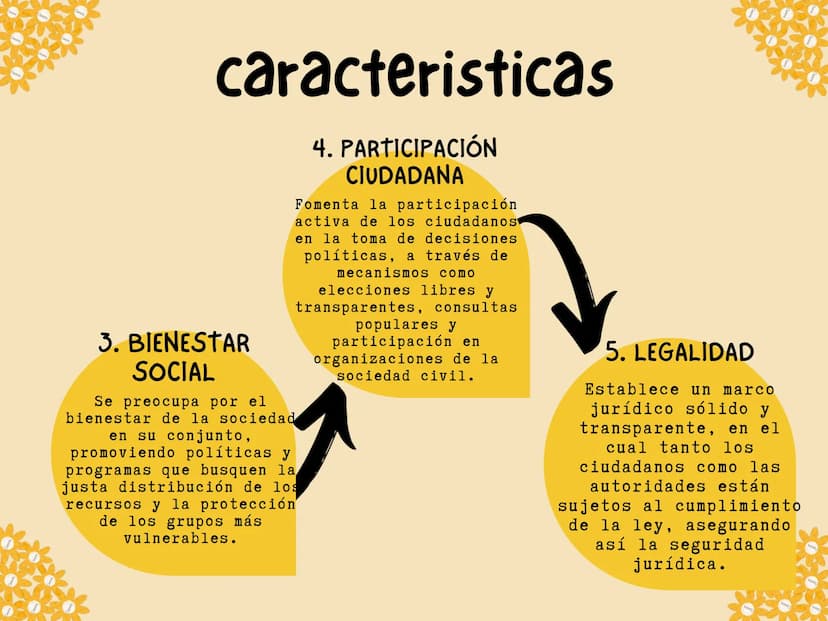 Las características
principales
1. Derechos
fundamentales
2. Igualdad
3. Bienestar social
4. Participación
ciudadana
5. Legalidad
1. Derecho