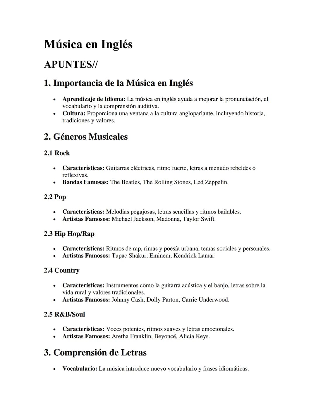 Música en Inglés
APUNTES//
1. Importancia de la Música en Inglés
•
•
Aprendizaje de Idioma: La música en inglés ayuda a mejorar la pronuncia