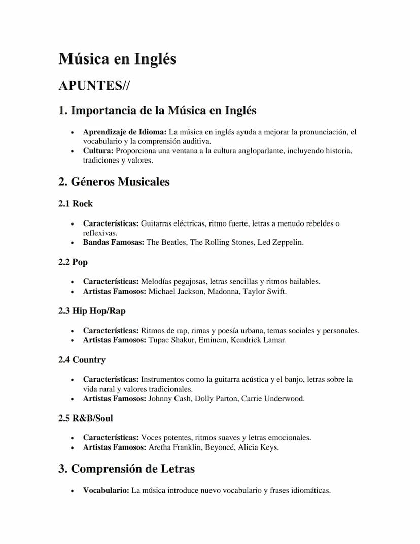 Música en Inglés
APUNTES//
1. Importancia de la Música en Inglés
•
•
Aprendizaje de Idioma: La música en inglés ayuda a mejorar la pronuncia