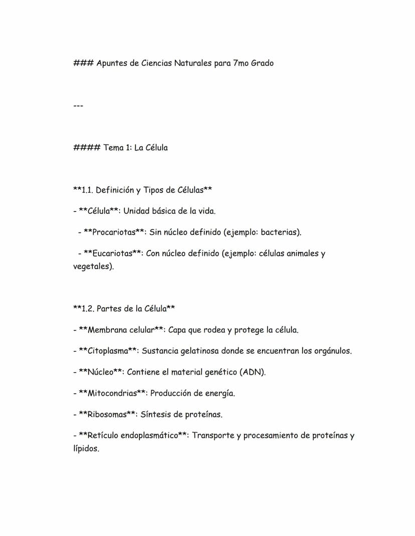 ### Apuntes de Ciencias Naturales para 7mo Grado
#### Tema 1: La Célula
**1.1. Definición y Tipos de Células**
- **Célula**: Unidad básica d