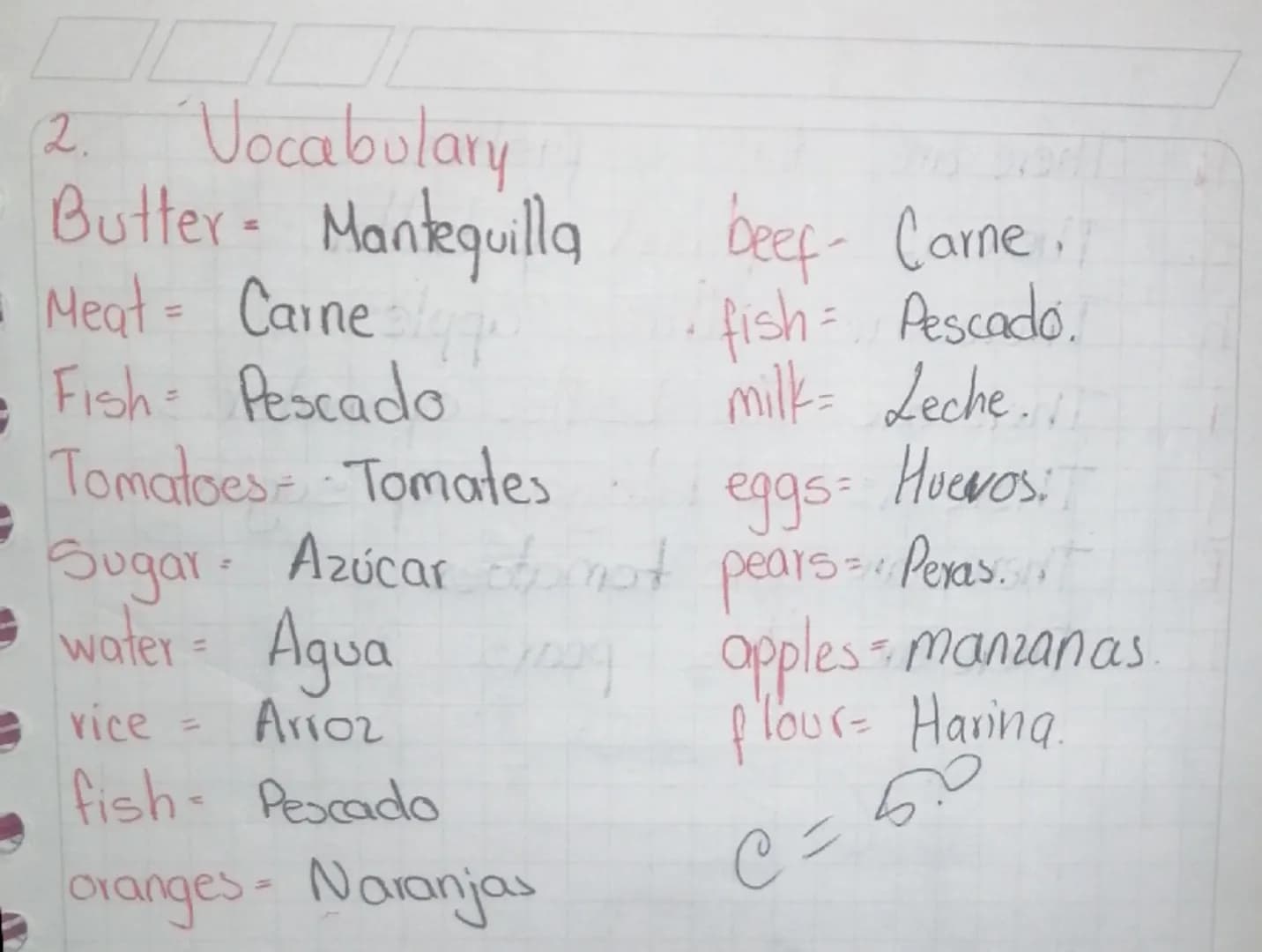 2. Vocabulary
Butter Mantequilla
-
Meat Carne
=
Fish Pescado
Tomatoes Tomates
beef- Carne.
fish: Pescado.
milk Leche...
eggs: Huevos
water A