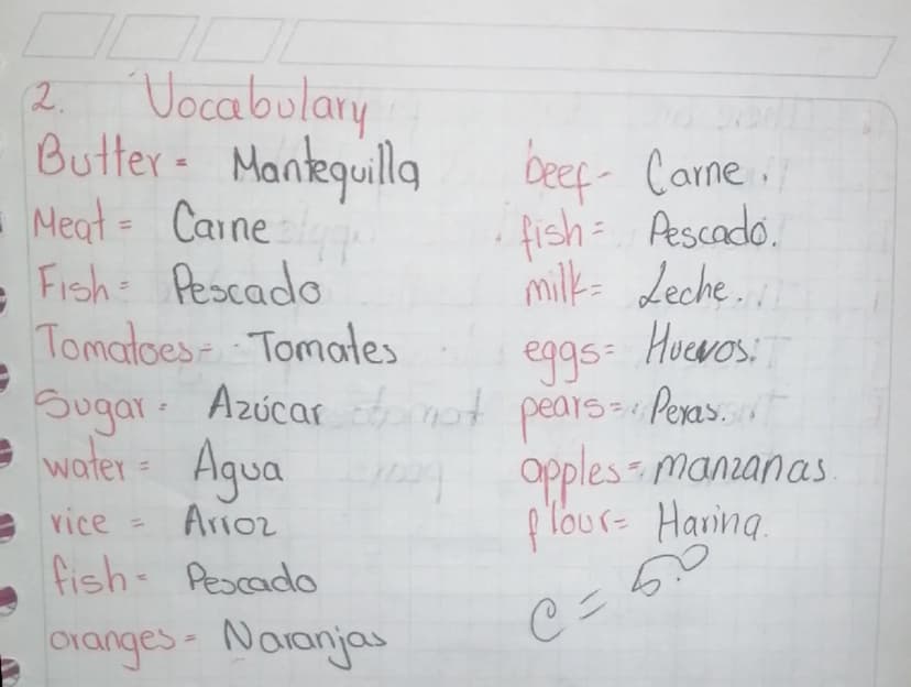 2. Vocabulary
Butter Mantequilla
-
Meat Carne
=
Fish Pescado
Tomatoes Tomates
beef- Carne.
fish: Pescado.
milk Leche...
eggs: Huevos
water A