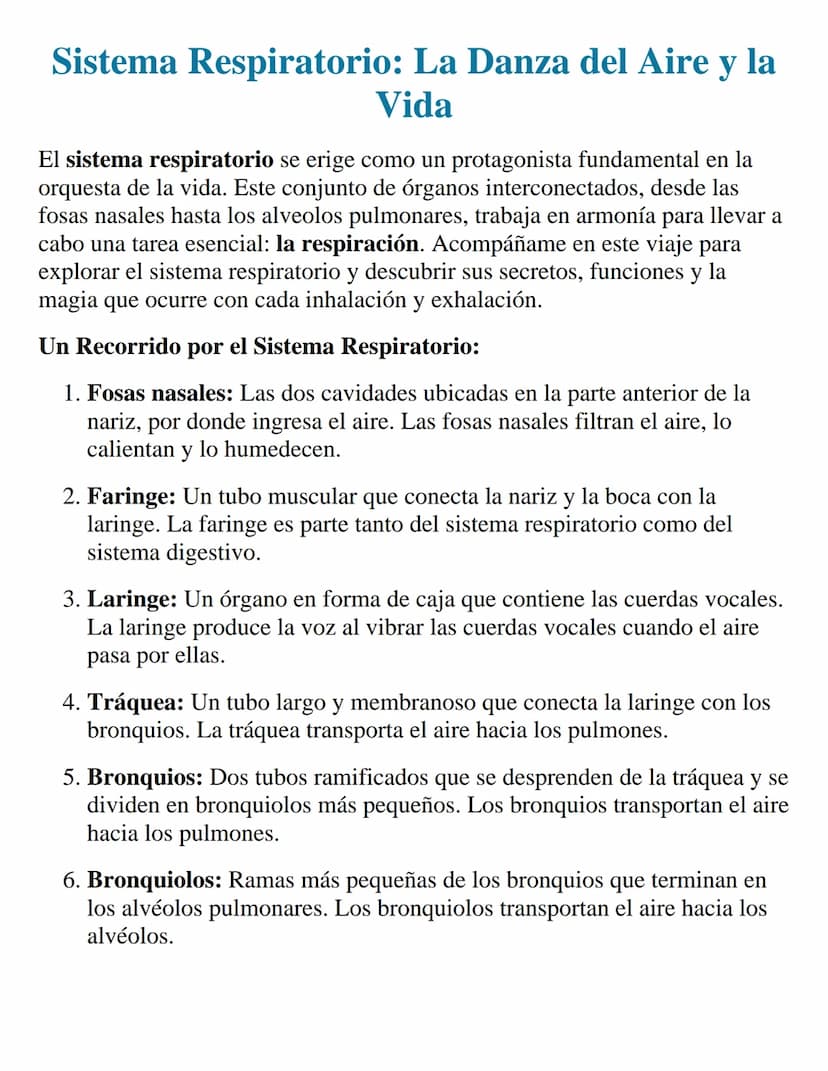 Sistema Respiratorio: La Danza del Aire y la
Vida
El sistema respiratorio se erige como un protagonista fundamental en la
orquesta de la vid